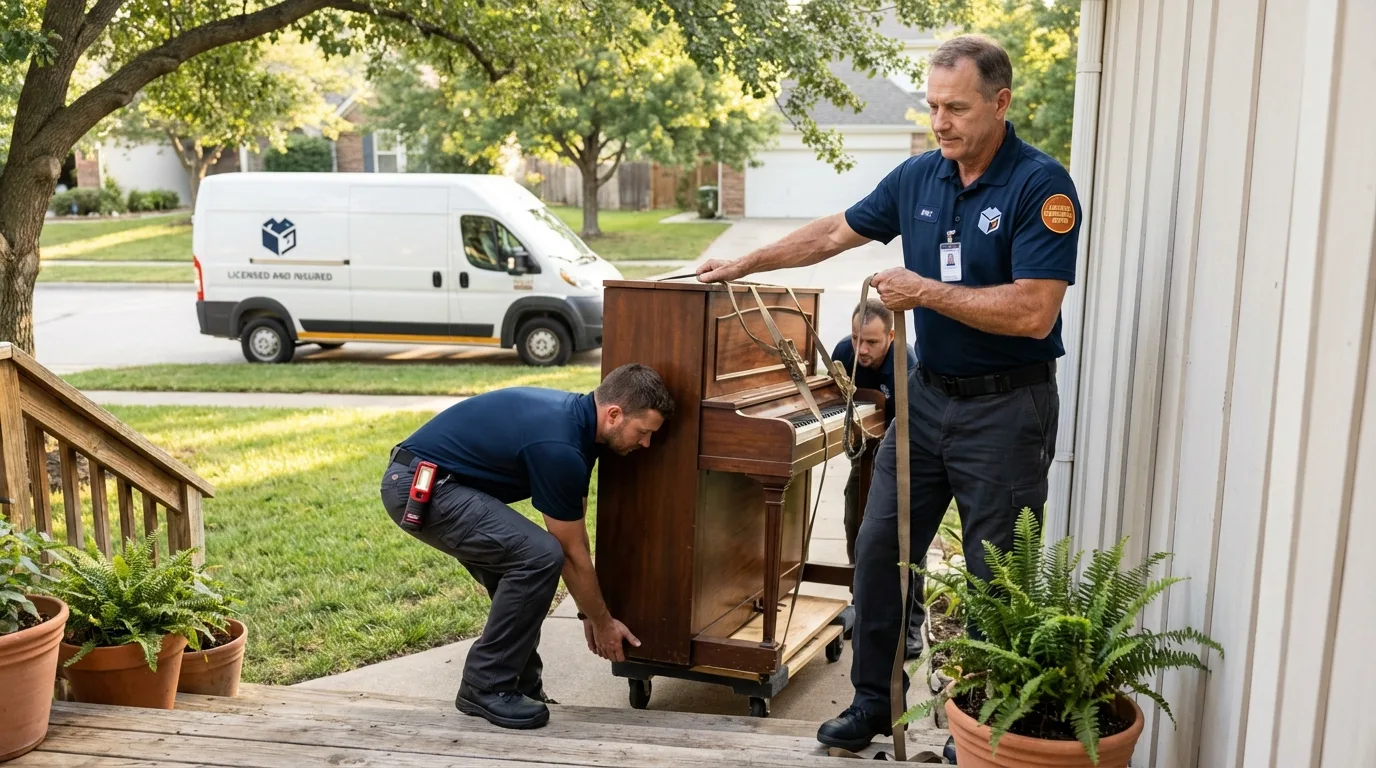 Licensed piano movers securing grand piano in Ninnekah, OK