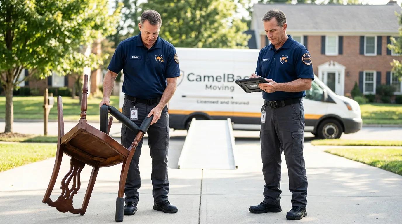 Movers inspecting furniture for damage prevention before loading in Ninnekah, OK