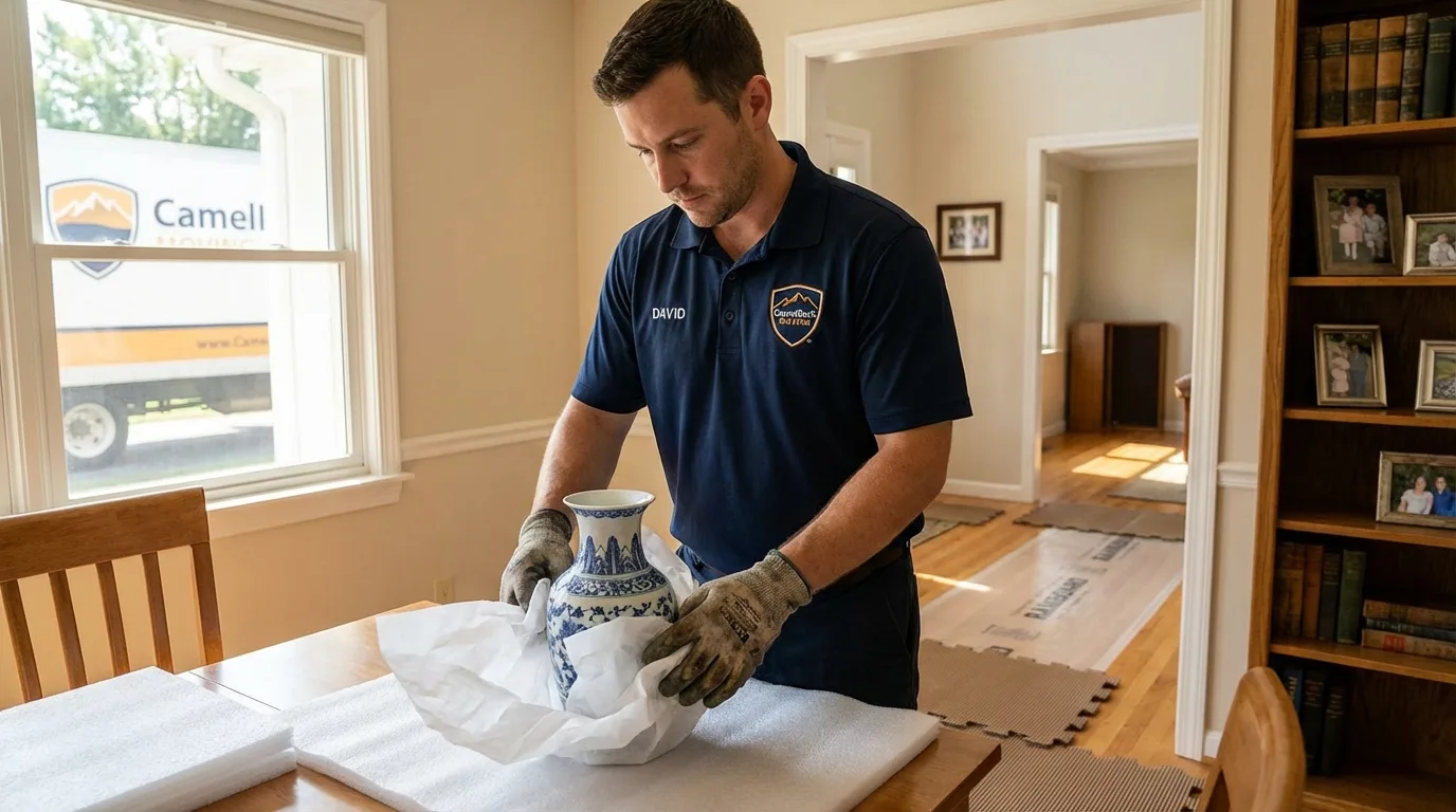 Professional crew carefully wrapping antique vase for senior downsizing move in Ninnekah, OK